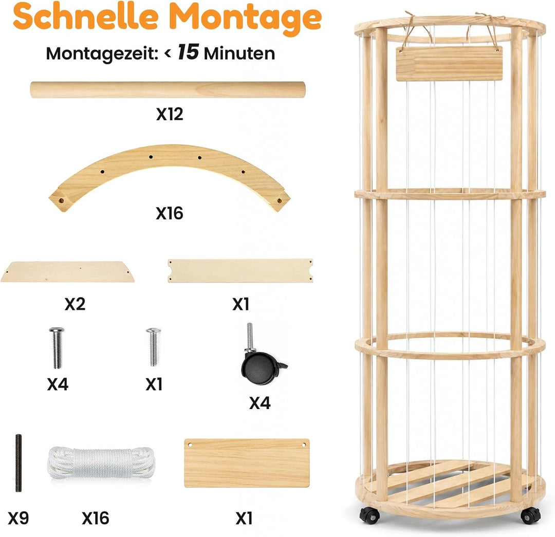 Runde Kuscheltier Aufbewahrung mit Rollen &amp; Bremse – Holz Stofftier Regal mit Zoo Design, 135×45×45