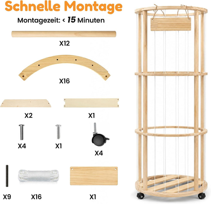 Runde Kuscheltier Aufbewahrung mit Rollen &amp; Bremse – Holz Stofftier Regal mit Zoo Design, 135×45×45