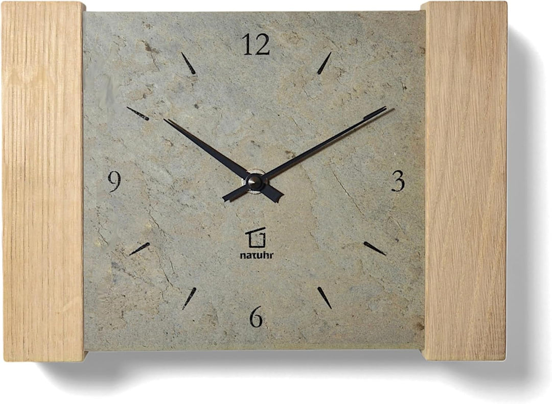 Natuhr Tischuhr Wanduhr Wildspitze Holz Eiche Heller Stein Schiefer Funkuhrwerk (Grau/Eiche unbehand