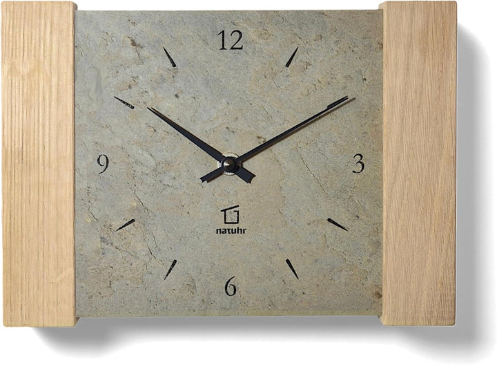 Natuhr Tischuhr Wanduhr Wildspitze Holz Eiche Heller Stein Schiefer Funkuhrwerk (Grau/Eiche unbehand