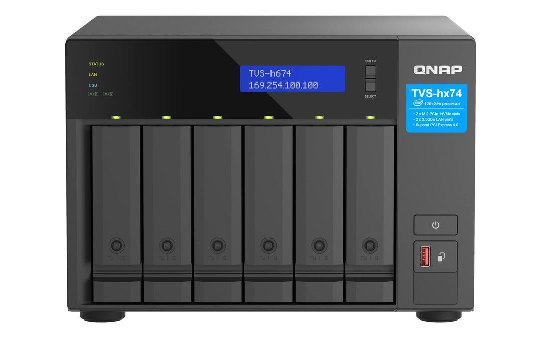 Qnap TVS-h674-i3-16G Intel Core i3 Prozessor, 16 GB RAM, PCIe Gen 4, Schwarz, 6 Bay