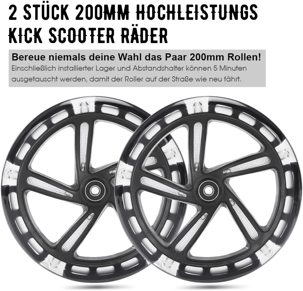200mm Scooter Rollen - 2 Stück 200mm City Scooter Ersatzräder räder mit ABEC9 Kugellager - Cityrolle