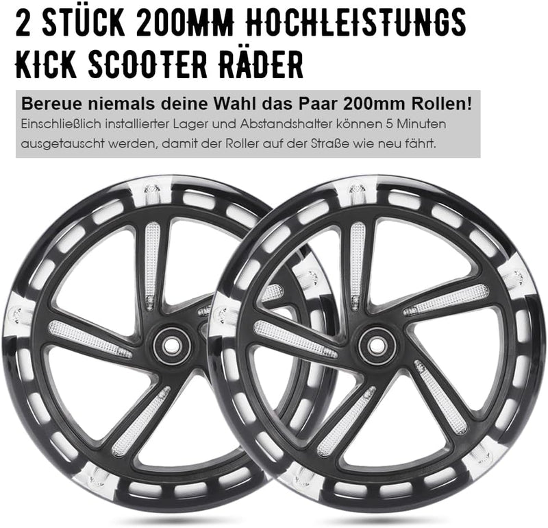 200mm Scooter Rollen - 2 Stück 200mm City Scooter Ersatzräder räder mit ABEC9 Kugellager - Cityrolle
