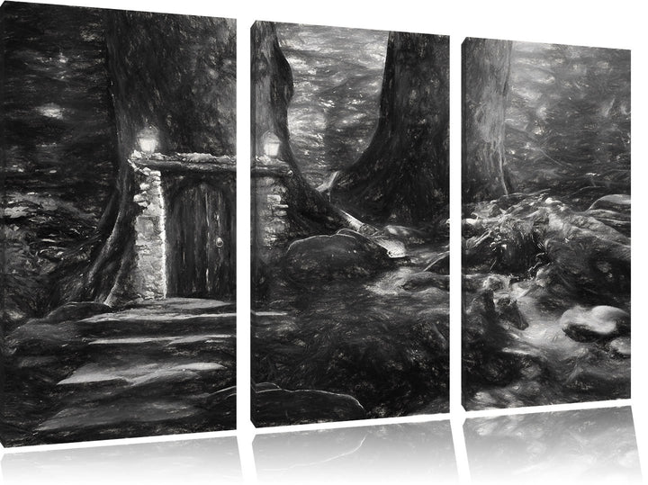 Pixxprint Geheimes Tor im Wald Kunst / 3-Teilig/Gesamtmass 120cm Leinwandbild bespannt auf Holzrahme