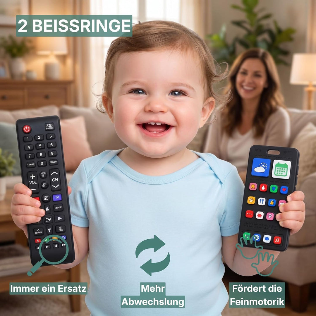 Baby Fernbedienung + Baby Telefon & Beissring - 100% Silikon Beissspielzeug, lebensechtes Spielzeug-