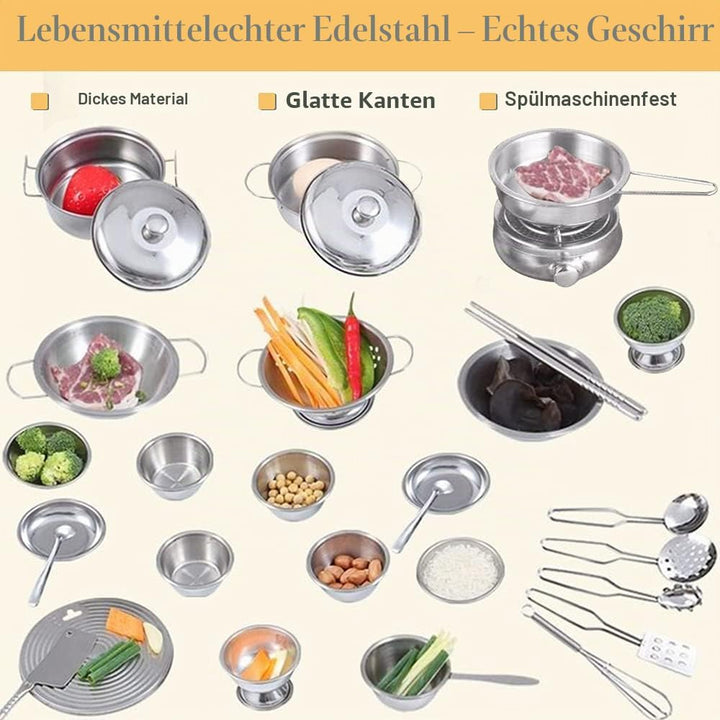 Kinder Spielen Küche Zubehör mit Töpfen und Pfannen Playset, Mini-Edelstahl-Küche vorgeben Spielen S