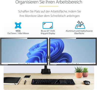 StarTech.com Desk Mount Dual Monitor Arm - Full Motion Monitor Mount for 2X VESA Displays up to 32"