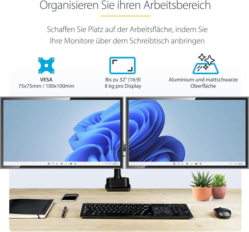 StarTech.com Desk Mount Dual Monitor Arm - Full Motion Monitor Mount for 2X VESA Displays up to 32"