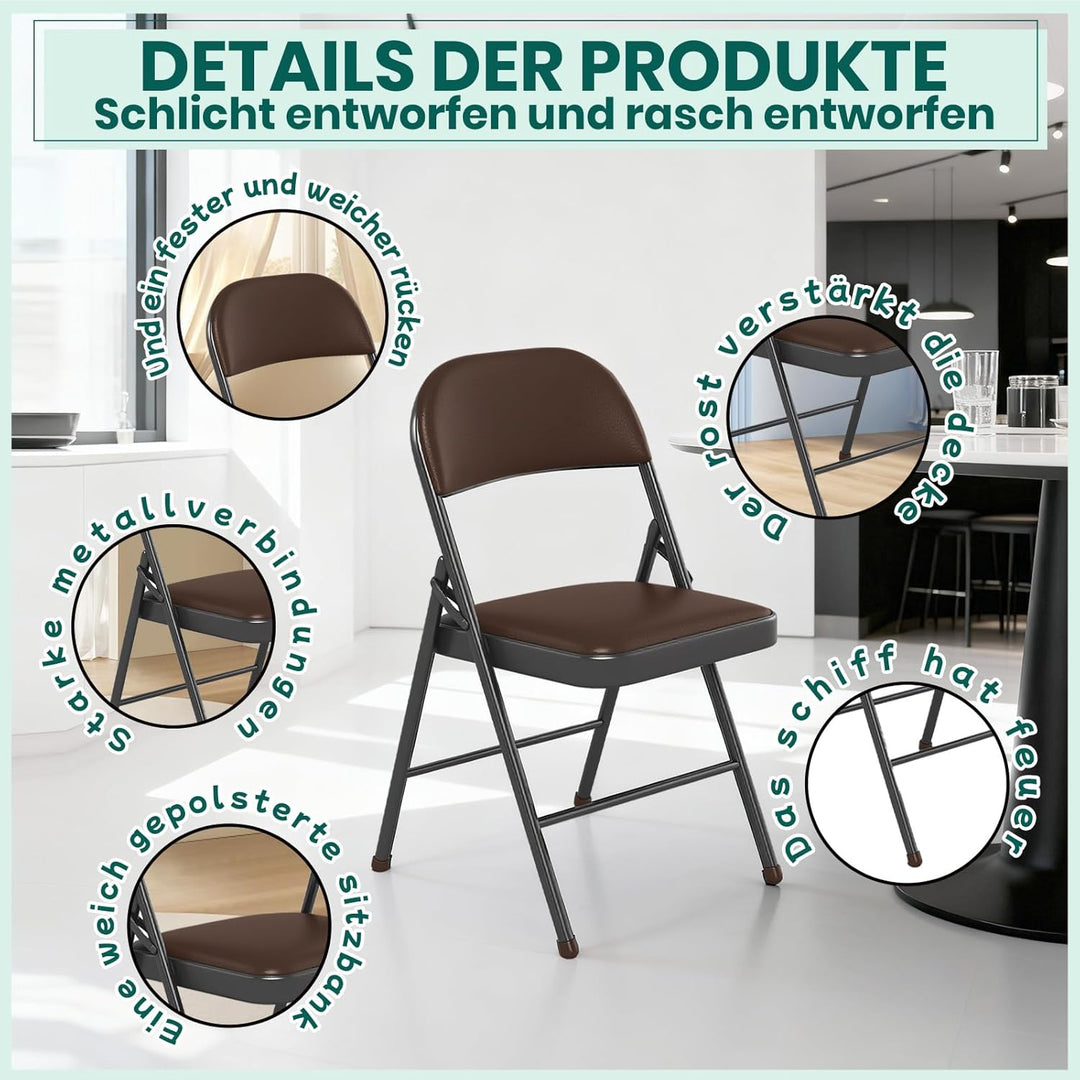 Klappstuhl 2er Set mit PU-Leder &amp; Polsterung, Stabiler Metallrahmen, Leicht &amp; Platzsparend, für Büro