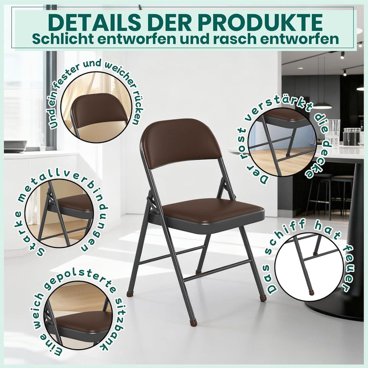 Klappstuhl 6er Set mit PU-Leder &amp; Polsterung, Stabiler Metallrahmen, Leicht &amp; Platzsparend, für Büro
