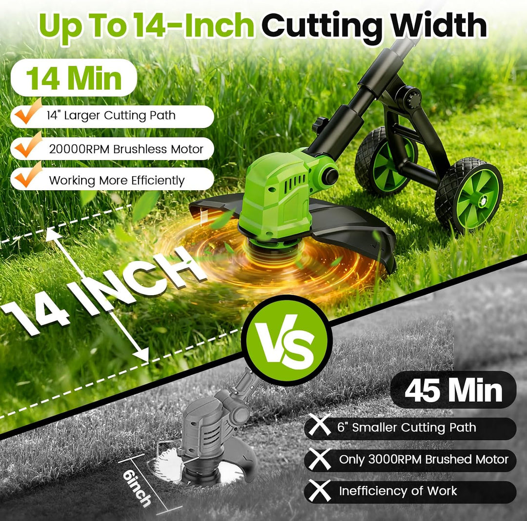 14 Zoll Rasentrimmer mit Akku und Rad,21V Akku-Rasentrimmer mit 2 * 3000 mAh Batterie und Ladegerät,