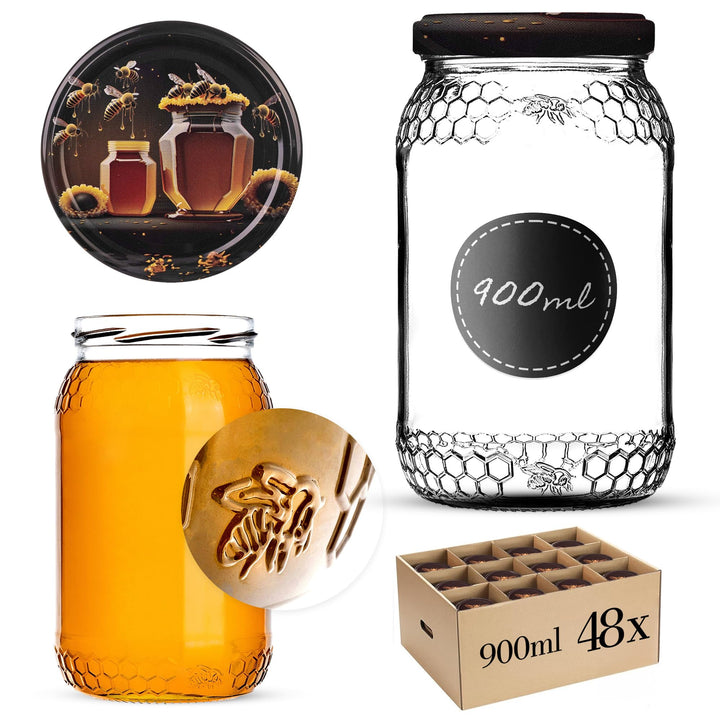 KADAX 48er Set Einmachgläser 900ml TO82 Honig, Grosse Sturzgläser mit Schraubdeckel, Einkochgläser F