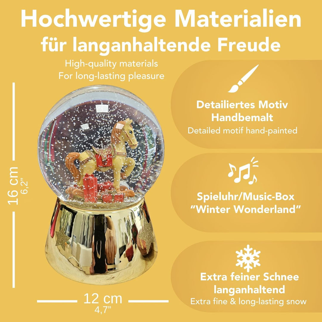 Weihnachts-Schneekugel mit Musik | Schneekugel Schaukelpferd mit Geschenken | Sockel Gold glänzend m