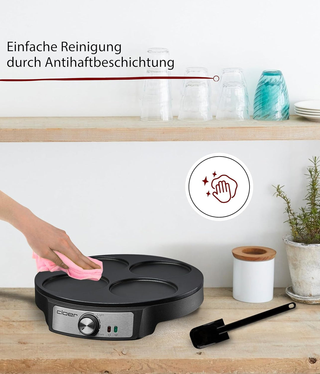 Cloer 6625 Pancake Maker, Mini Pancakes, für 4 kleine Pfannkuchen je 11 cm Ø, 1200 W, Antihaftbeschi