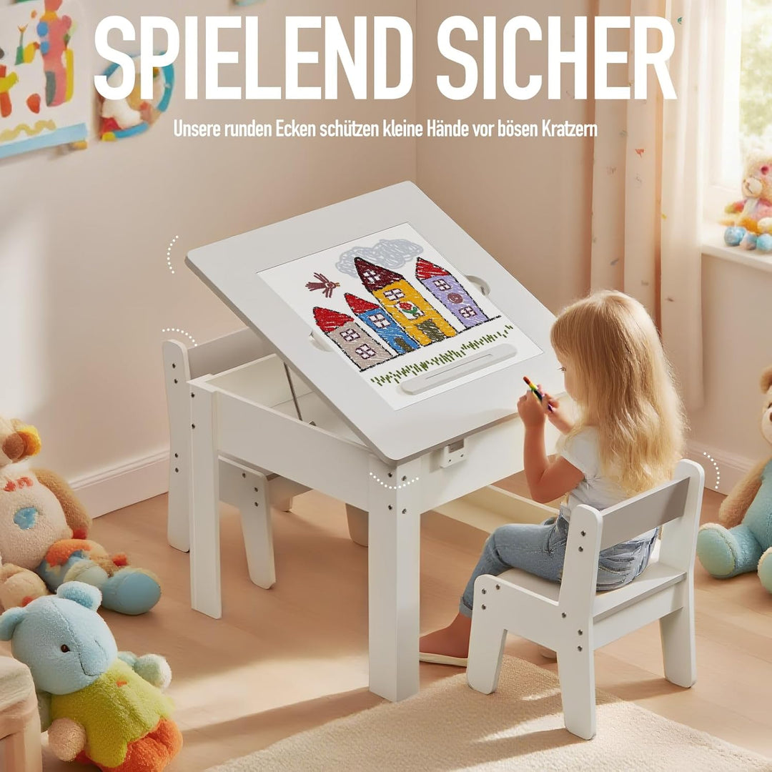 kindertisch mit 2 stühlen,Multifunktion Spielen Malen Lesen, 4 Wechselplatten, verstellbar & kippsic