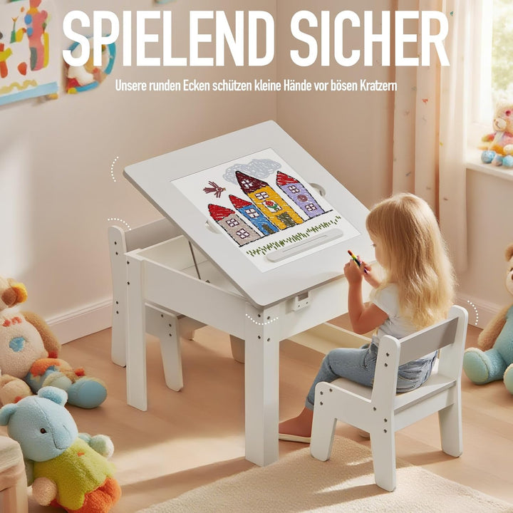 kindertisch mit 2 stühlen,Multifunktion Spielen Malen Lesen, 4 Wechselplatten, verstellbar & kippsic