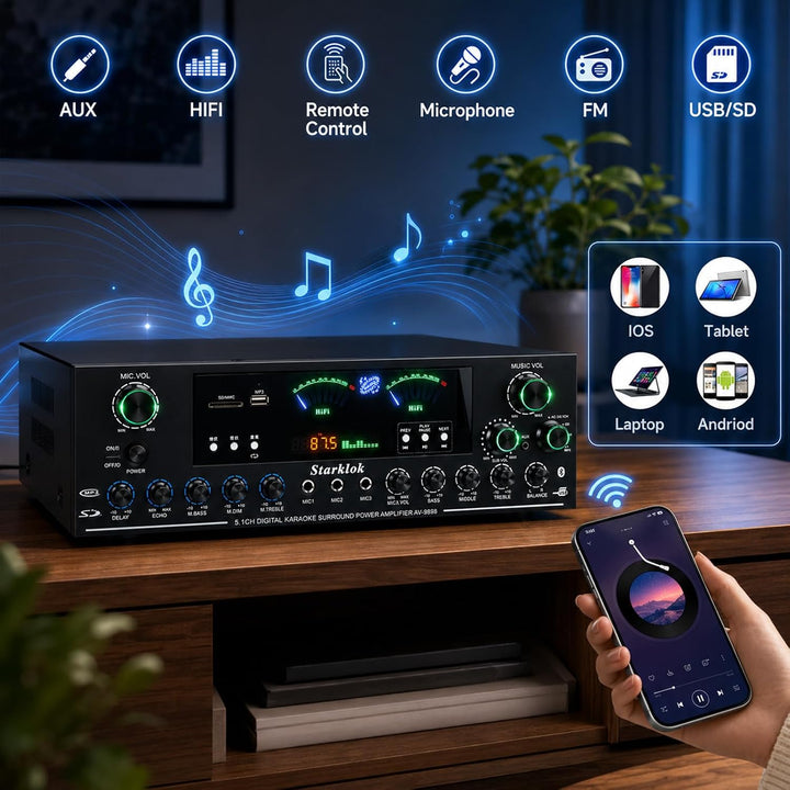 Bluetooth Verstärker 3000W Spitzenleistung – Hifi Verstärker 5.1 Kanal Heimkino, Stereo Verstärker m