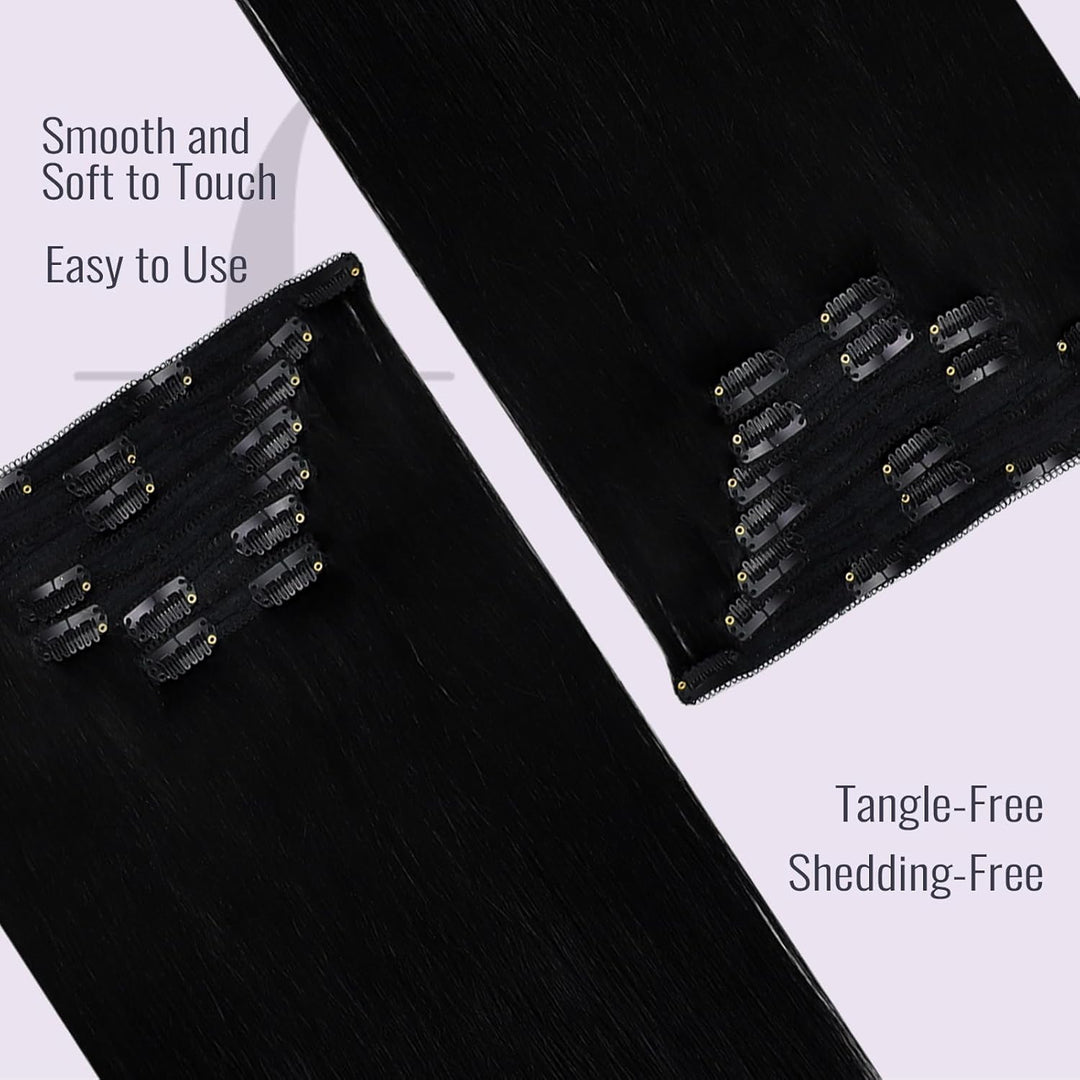 Fshine Clip in Extensions Echthaar Schwarz 60cm 120 Gramm Human Straight Haar Doppelt Weft Extension