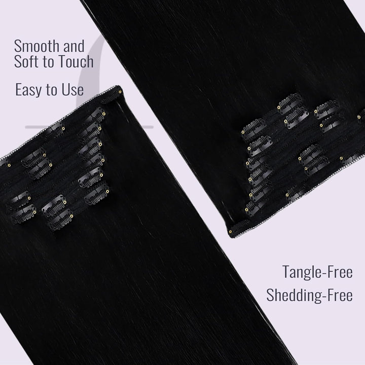 Fshine Clip in Extensions Echthaar Schwarz 60cm 120 Gramm Human Straight Haar Doppelt Weft Extension