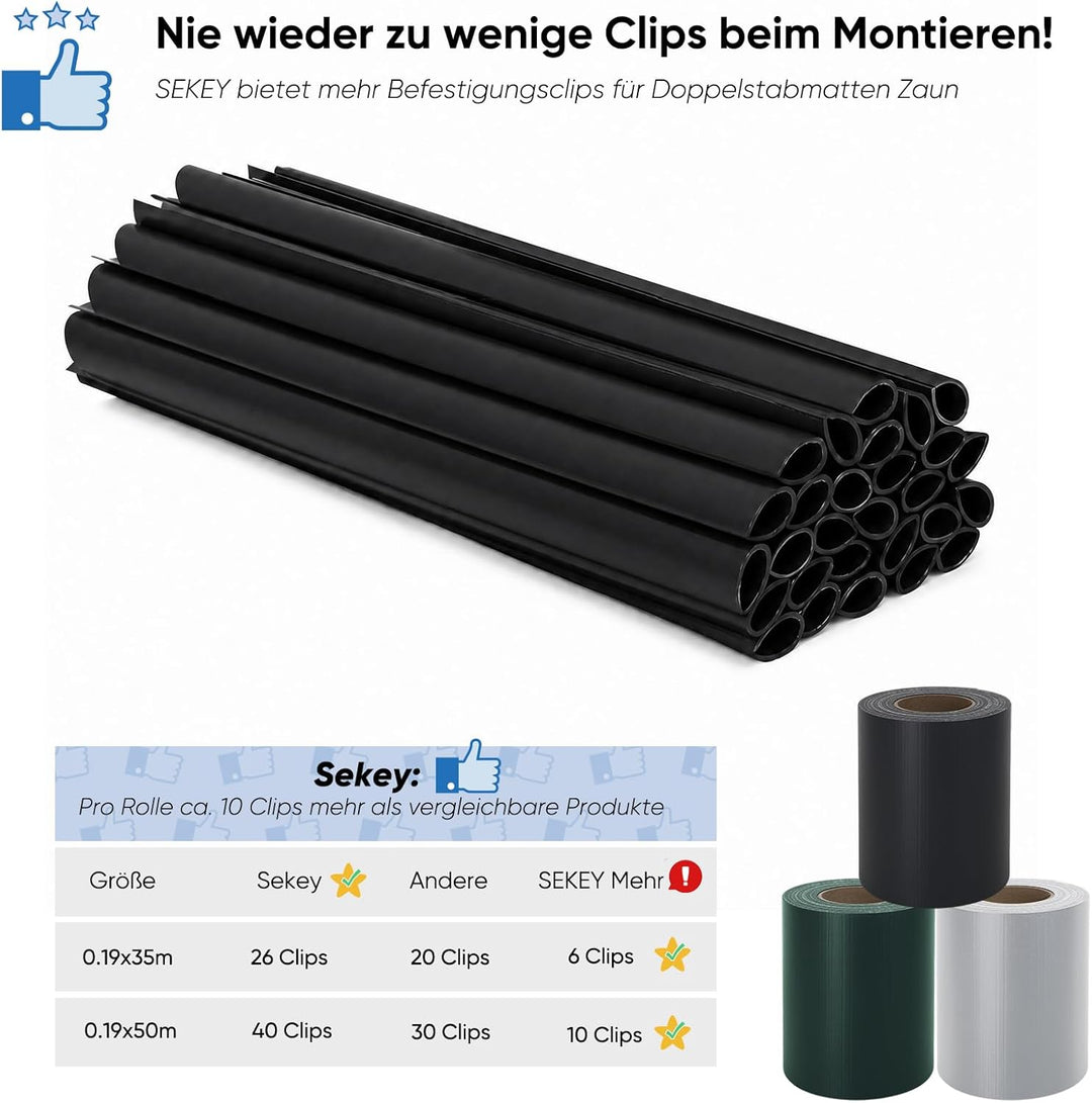 Sekey PVC Sichtschutzstreifen für Doppelstabmatten 35m x 19cm - 26 Befestigungsclips, Doppelstabmatt