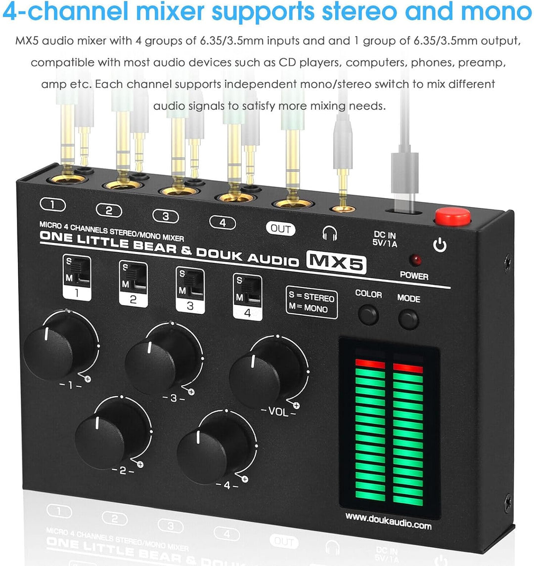 Douk Audio MX5 Mono/Stereo 4-Kanal Audio Mixer Ultra-rauscharmer Line Mixer LED Pegelmesser