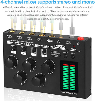 Douk Audio MX5 Mono/Stereo 4-Kanal Audio Mixer Ultra-rauscharmer Line Mixer LED Pegelmesser