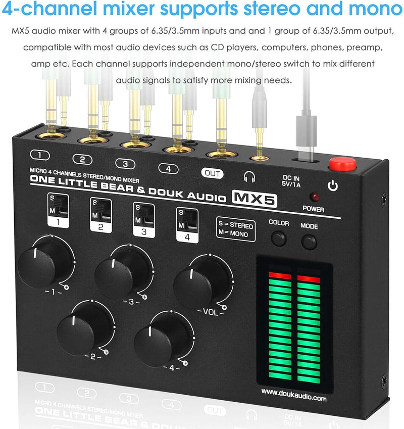 Douk Audio MX5 Mono/Stereo 4-Kanal Audio Mixer Ultra-rauscharmer Line Mixer LED Pegelmesser