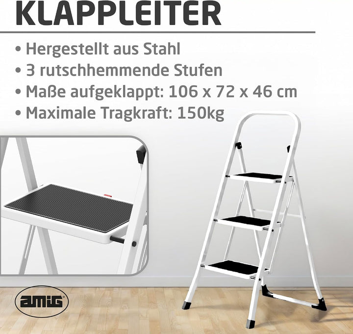 Amig Klappleiter 3 Stufen Stahl Weiss 106x72x46 cm