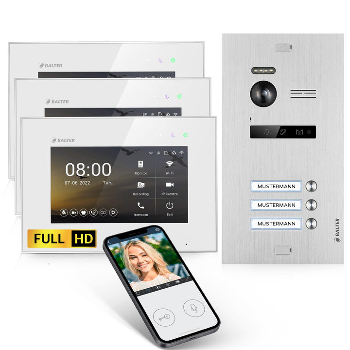 Balter EVO-HD Video Türsprechanlage, Video Türklingel mit Kamera, 3 familienhaus Klingel, Smartphone