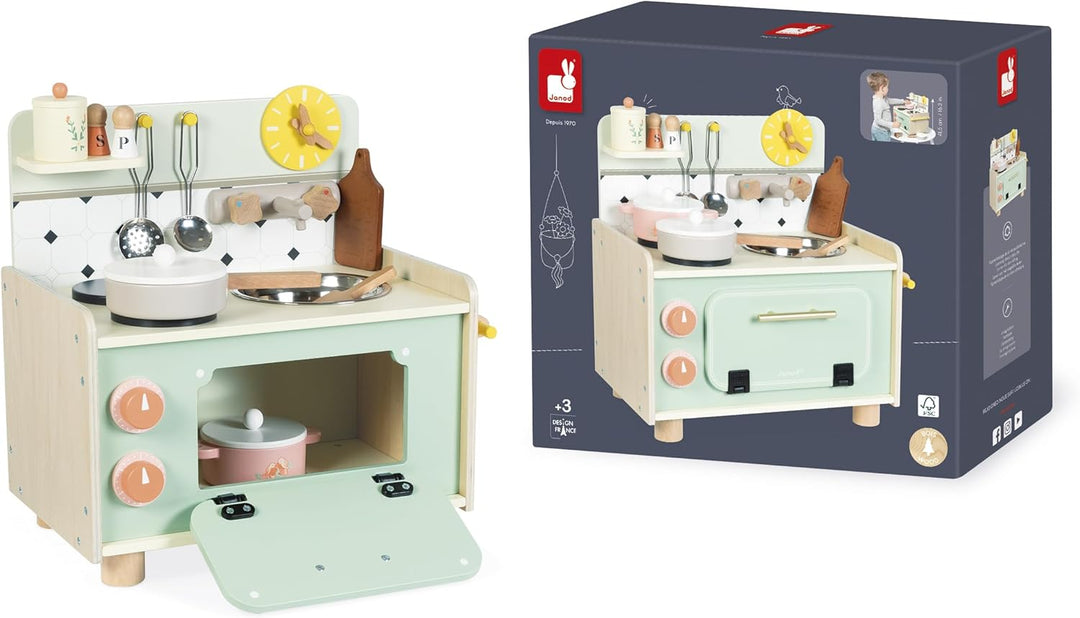 Janod - Holzküchenzeile für Kinder - Kleine Kinderküche - Ausgestattet mit Backofen, Spüle und 10 Zu