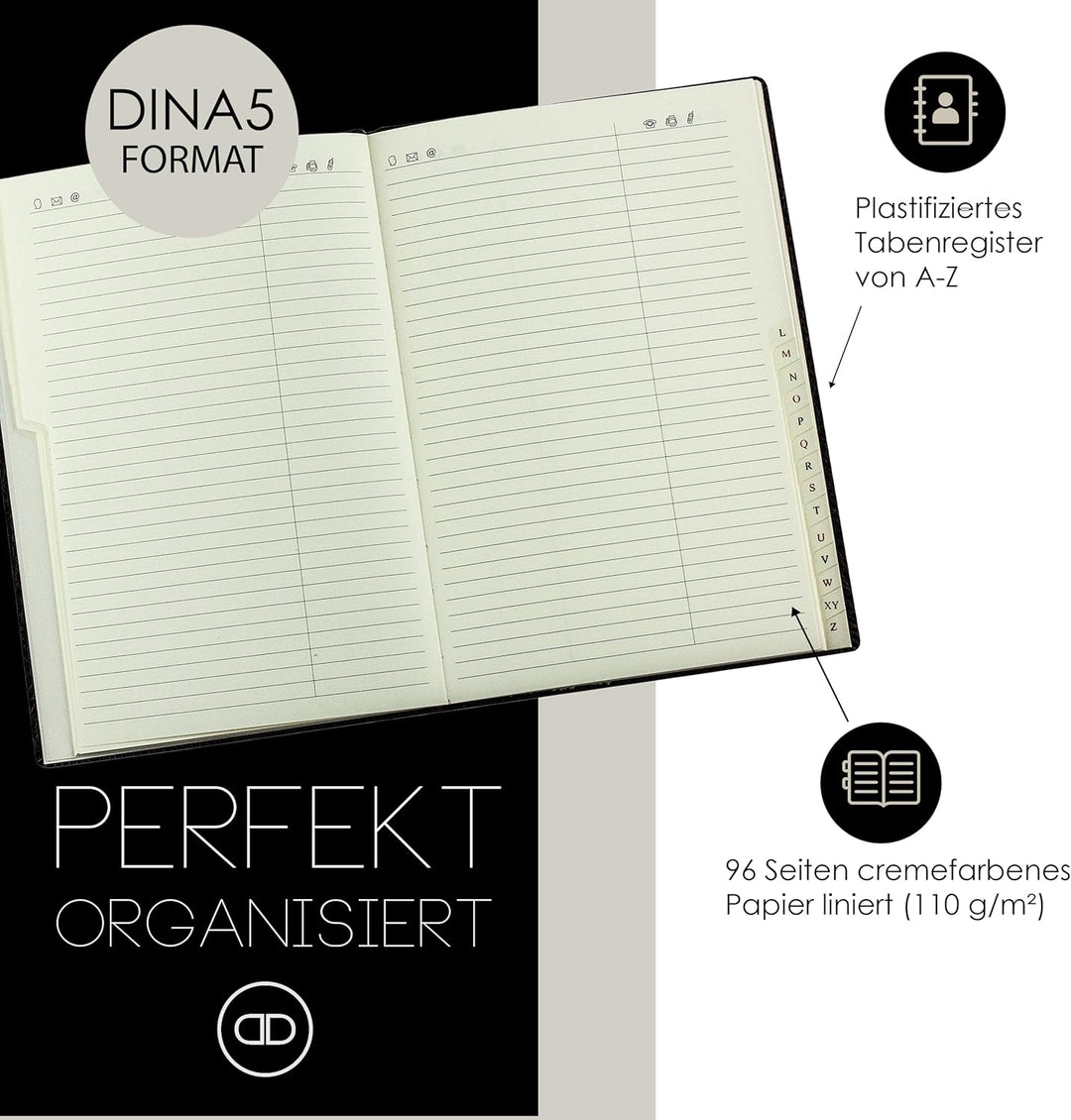 DELMON VARONE - Personalisierbares Adressbuch DIN A5 gebunden mit A-Z Register Softgrain Leder schwa