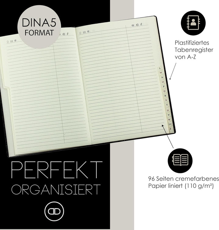 DELMON VARONE - Personalisierbares Adressbuch DIN A5 gebunden mit A-Z Register Softgrain Leder schwa