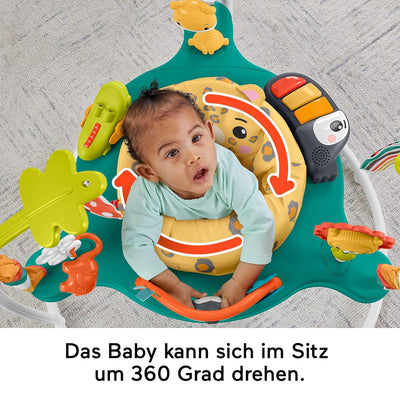 Fisher-Price Hüpf-Leopard Jumperoo - Spielcenter mit Wippe, 360 Grad Sitz, Abnehmbarer Tukan, höhenv