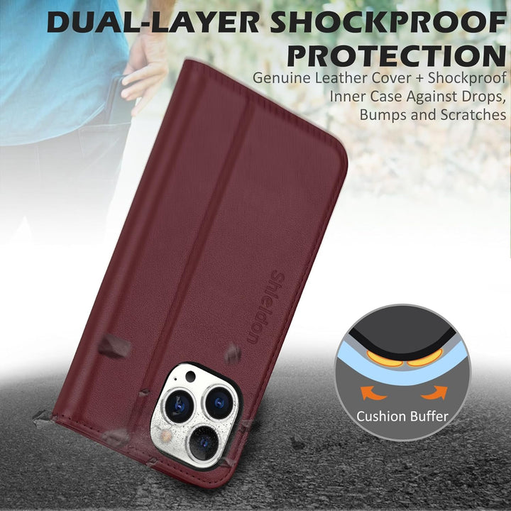 SHIELDON Hülle für iPhone 15 Pro Max, Handyhülle [Kartenfächer] [Echtes Rindsleder] [Standfunktion]