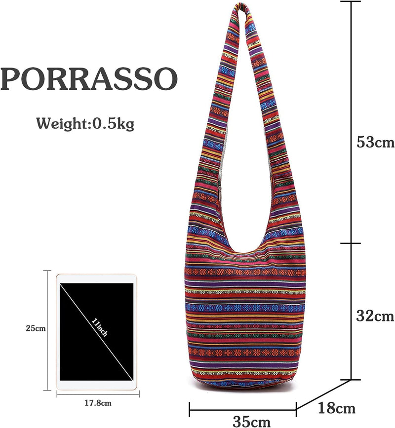 PORRASSO Schulterbeutel Damen Umhängetasche Leicht Schultertasche Hippie Baumwoll-Tasche für Reise S