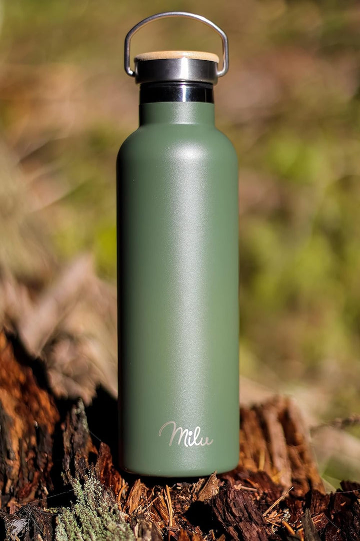 Milu Edelstahl Trinkflasche 350ml 500ml 750ml 1000ml (+3 Deckel) Thermosflasche mit Strohhalm, Isoli