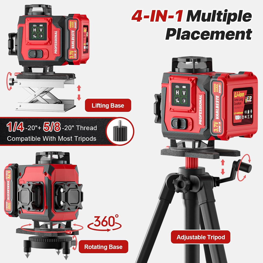 Kreuzlinienlaser mit Stativ, Laser Wasserwaage mit 2x4800 mAh Batterien, 4x360 Grad Laser Level mit