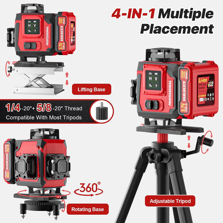 Kreuzlinienlaser mit Stativ, Laser Wasserwaage mit 2x4800 mAh Batterien, 4x360 Grad Laser Level mit