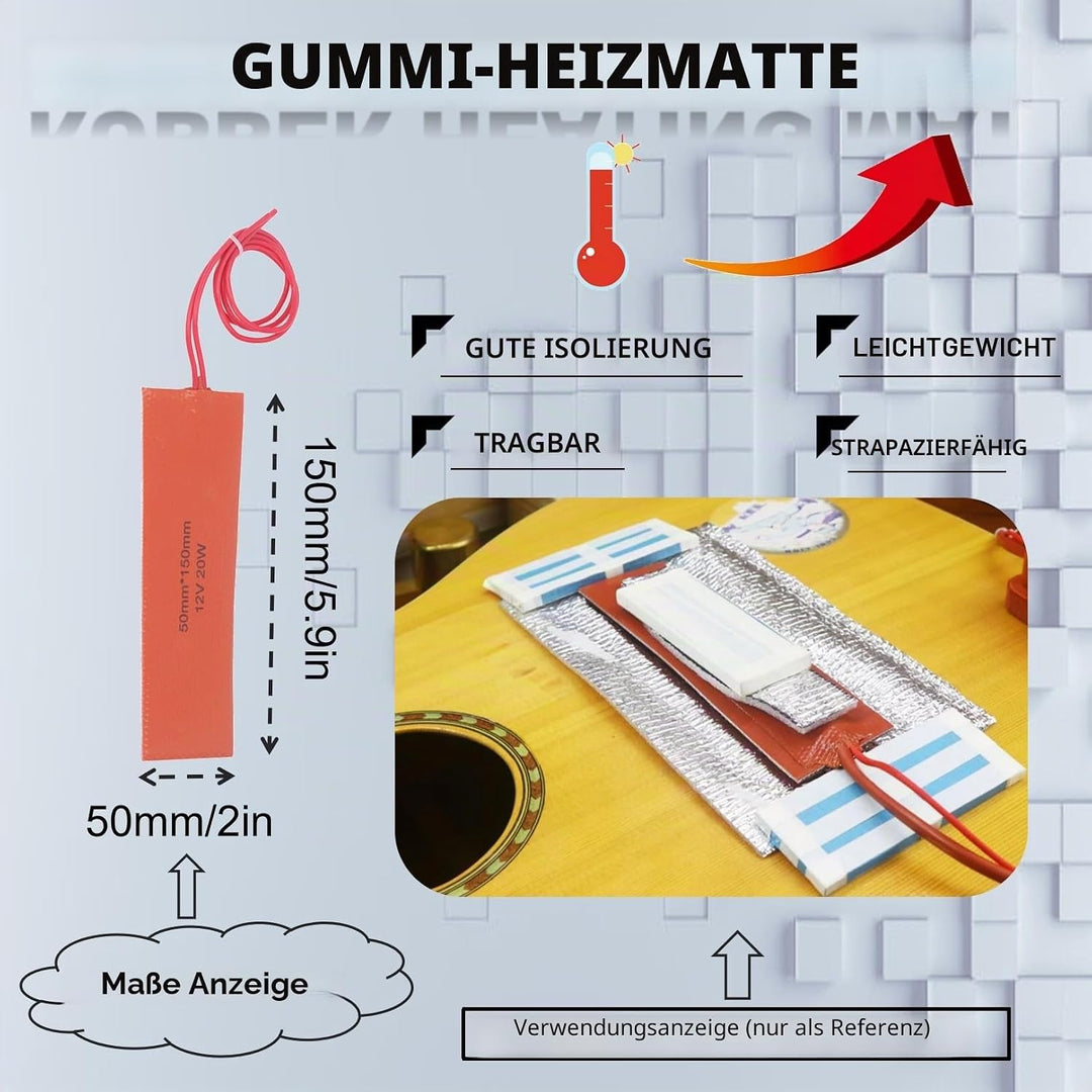 12V 20W Silikon Heizkissen 4 Stück,120-150°C Temperaturbereich Schnelle Erwärmung 50x150mm Flexible