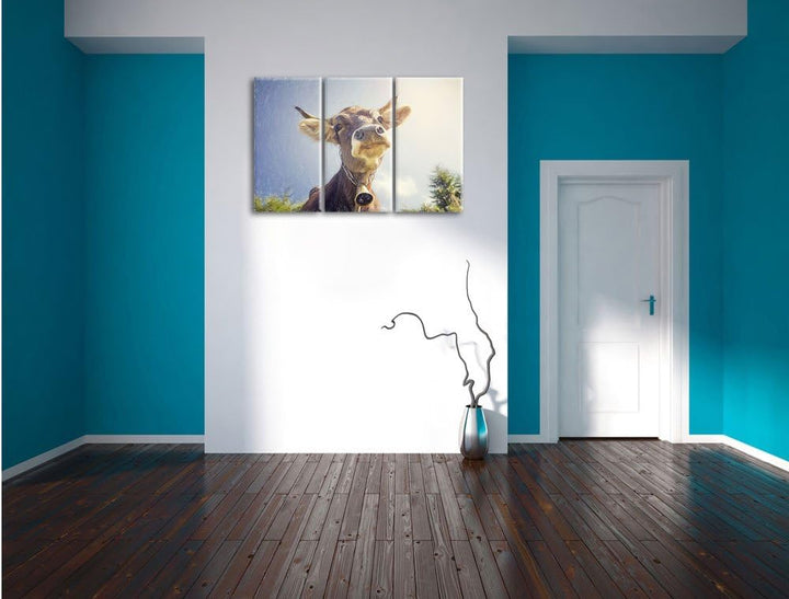 Pixxprint Lustiges Portrait Einer Kuh als Leinwandbild | Grösse: 3 Teilig (120x80) | Wandbild| Kunst