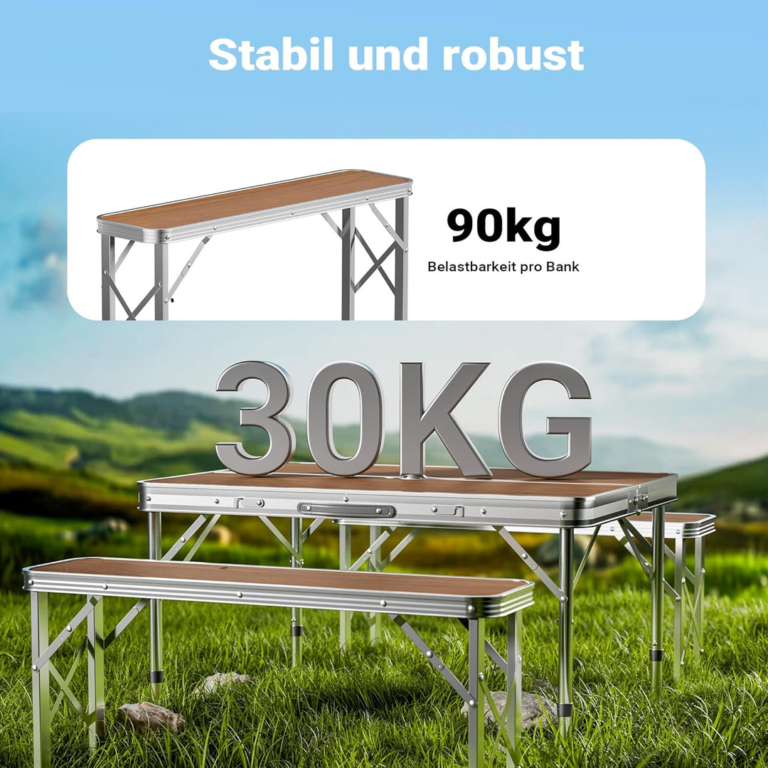 Wiltec Koffertisch mit 2 Bänken Holzdesign Aluminium 90x66x70 cm Campingtisch klappbar Sitzgruppe Ca