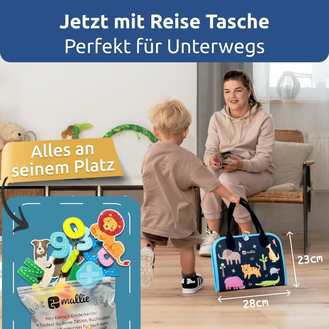 Mallie® Busy Board Deutsch inkl. Gratis Reisetasche & Montessori Buch und Perfekt für Reisen im Auto