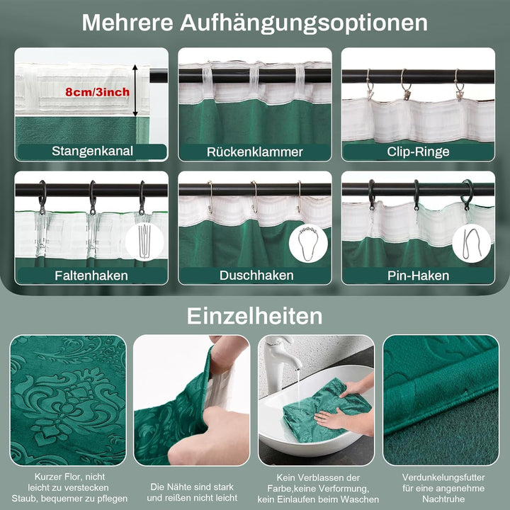 Rosnek Thermovorhang Kräuselband,2 Stück Luxus Vorhang Samt Verdunklungsgardine mit Multifunktionsba