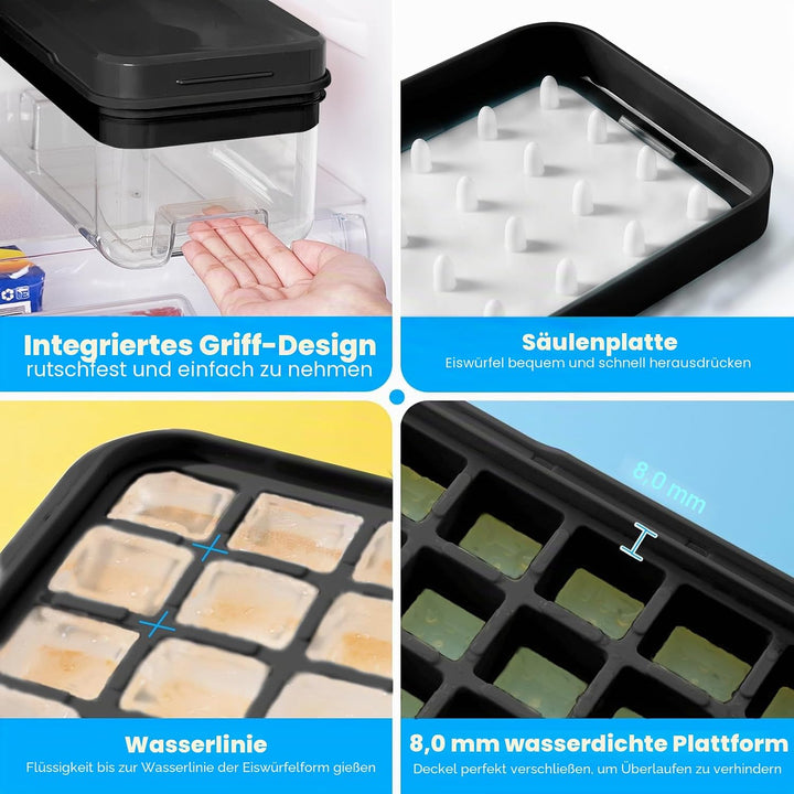 Eiswürfelform mit Deckel und Mülleimer, PHINOX 64 Stück Eiswürfelbehälter für Gefrierschrank, Eiswür