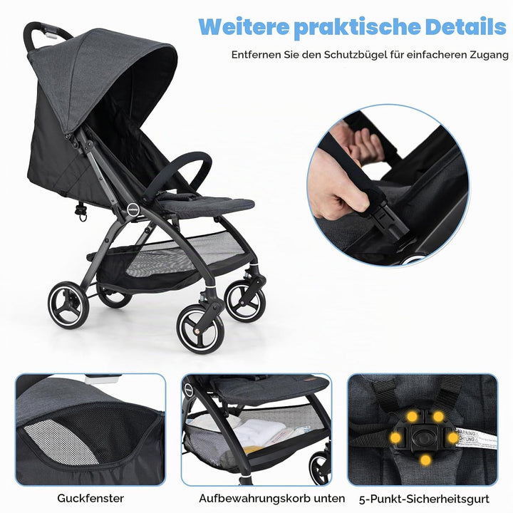 LIFEZEAL Faltbarer Kinderwagen mit neigbarer Rückenlehne, Kinderbuggy mit verstellbarem Sonnendach,