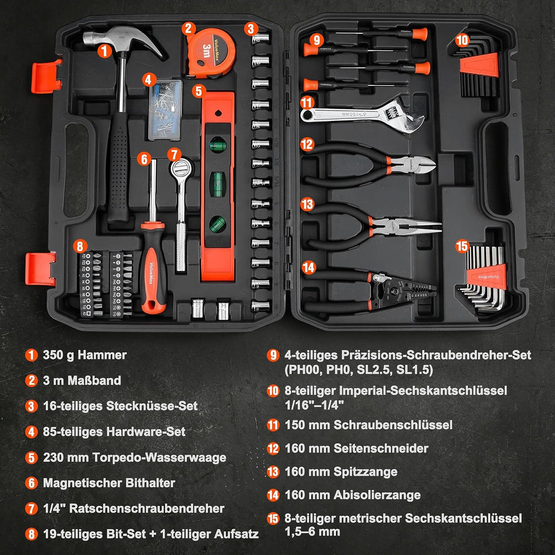 ValueMax werkzeugkoffer gefüllt 150tlg., Werkzeug Set mit Werkzeugkoffer für Haushalt Reparatur, Hei