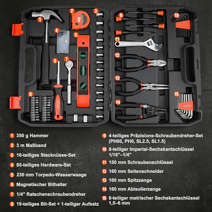 ValueMax werkzeugkoffer gefüllt 150tlg., Werkzeug Set mit Werkzeugkoffer für Haushalt Reparatur, Hei