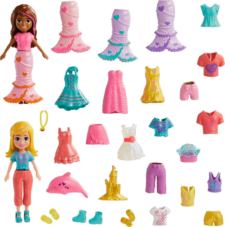 Polly Pocket Reisespielzeug mit zwei 7,5 cm Puppen und 25 Accessoires, Modepaket für den Aussenberei