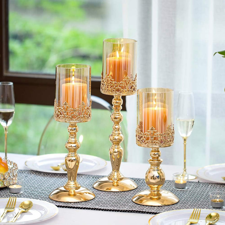 NUPTIO Säulenkerzenhalter mit Glas, 3er Set Hurricane-Kerzenhalter aus Gold Moderne Wohnkultur Gesch