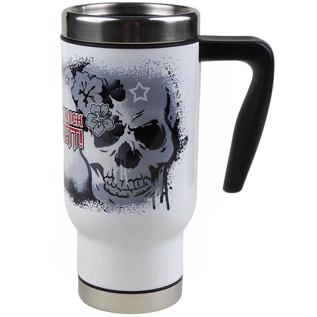 Totenkopf Edelstahl Thermobecher mit Spruch 'Meistens bin ich ganz nett' – 470ml Reisebecher, Handbe